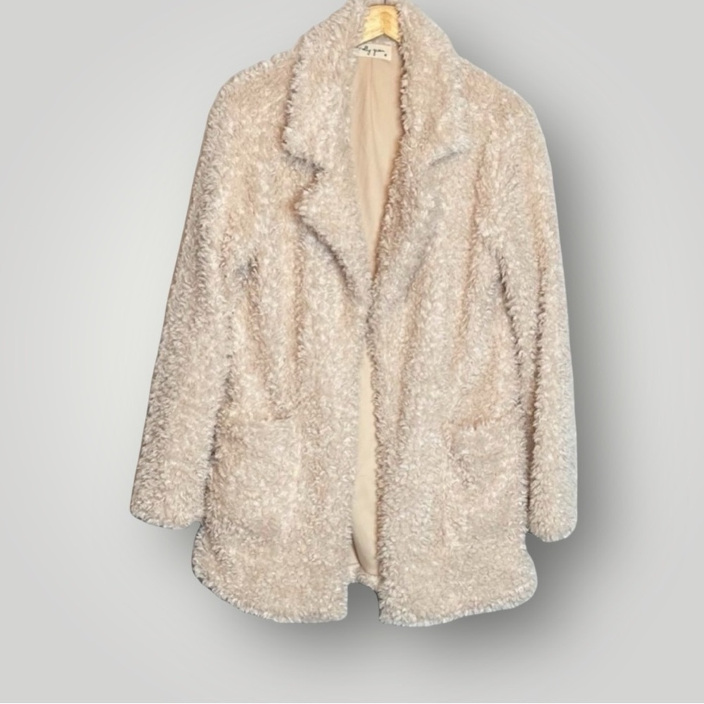 Molly Green Teddy Bear Coat Size Medium Pockets Open Sherpa Soft Cream - Picture 4 of 10